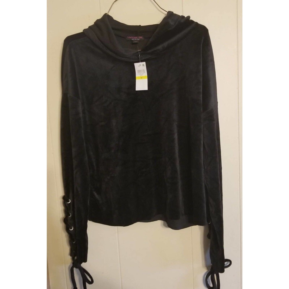 Material Girl Active (Madonna) Black Velour Lace Up Sleeve Hoodie NWT Medium